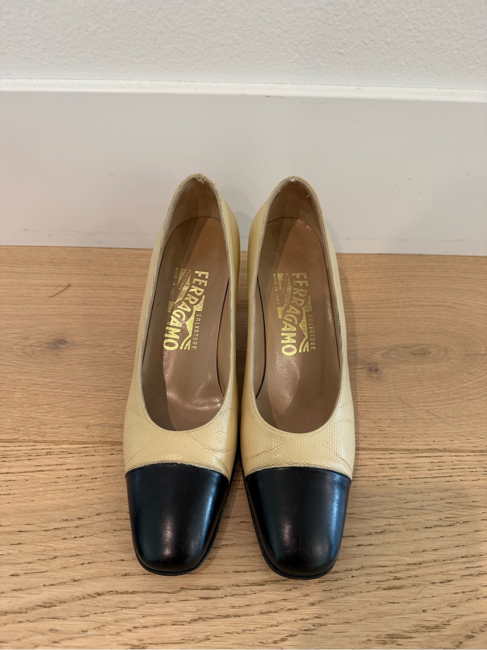 Salvatore Ferragamo Cream and Black Cap-Toe Flats